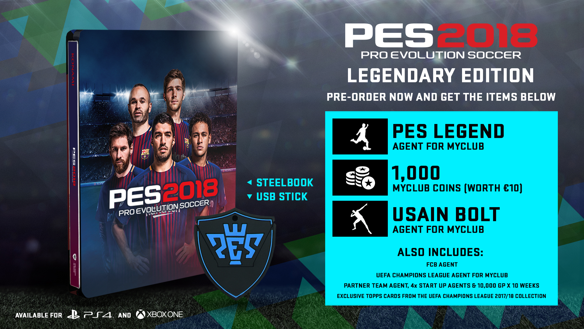 PES 2018 gamebox met afbeeldingen van voetballers en tekst, met een schild.