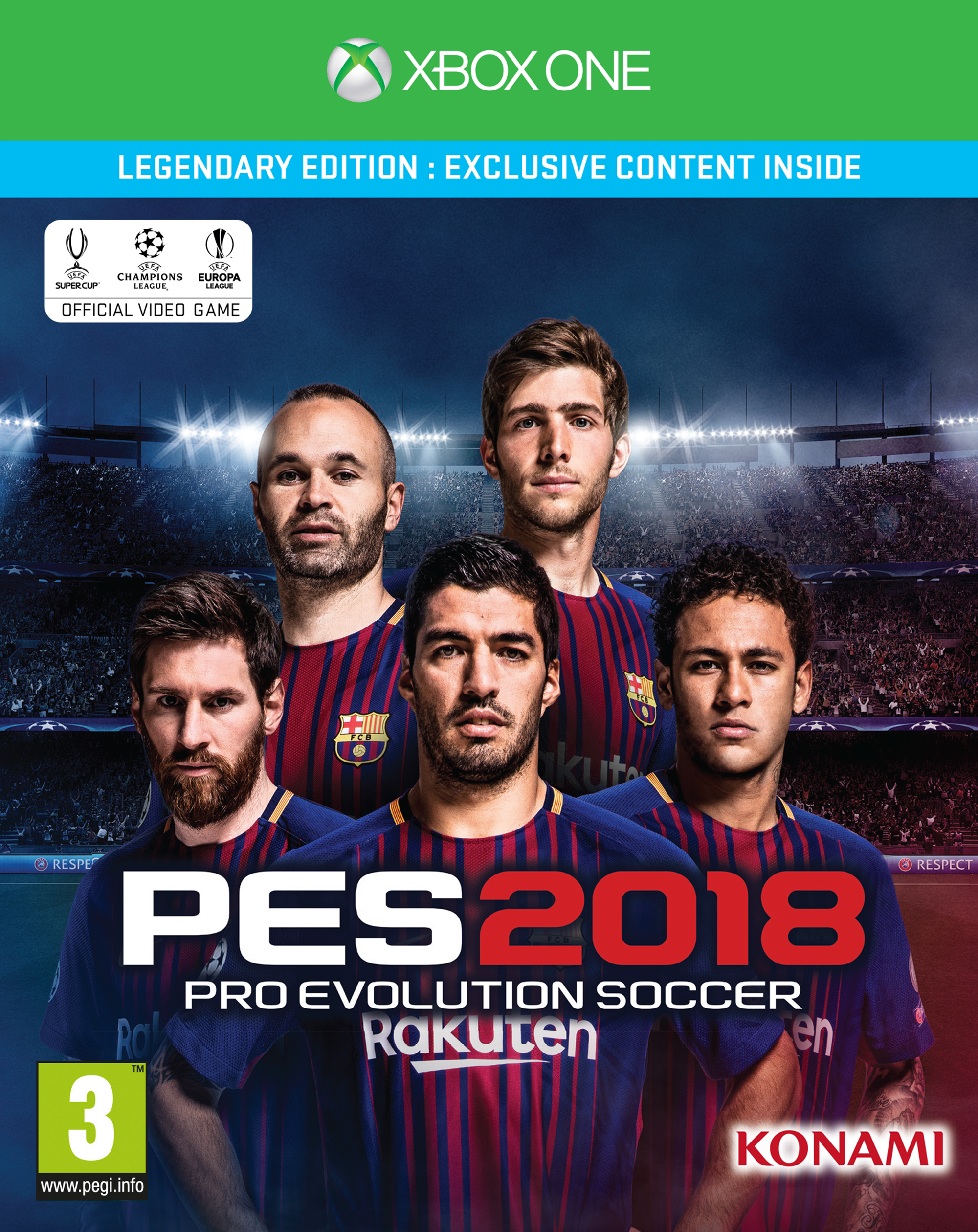 PES 2018 gamecover met voetballers en het Xbox One logo.