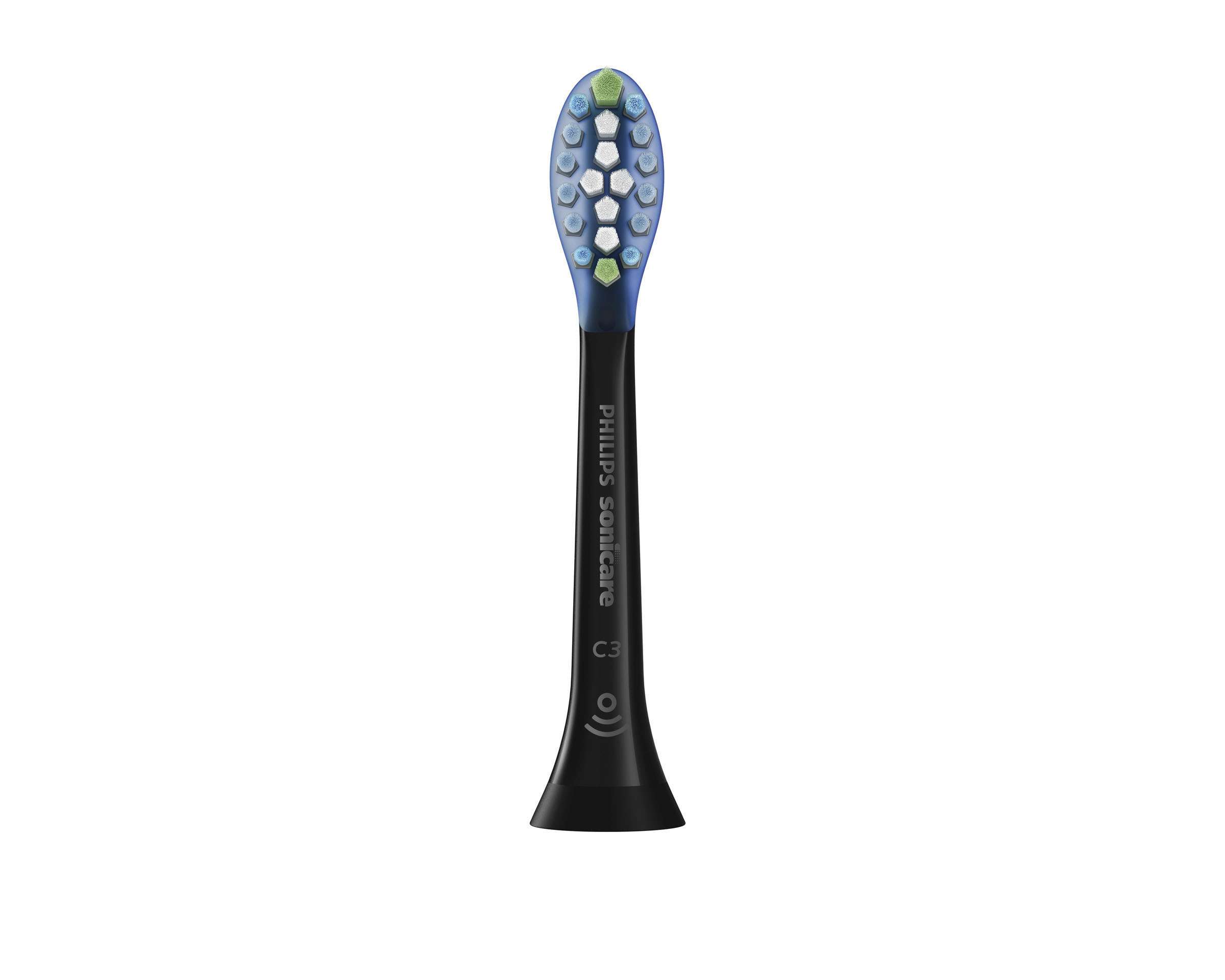 Schwarzer Philips Sonicare Zahnbürstenkopf, blaue und grüne Borsten, weißer Hintergrund.