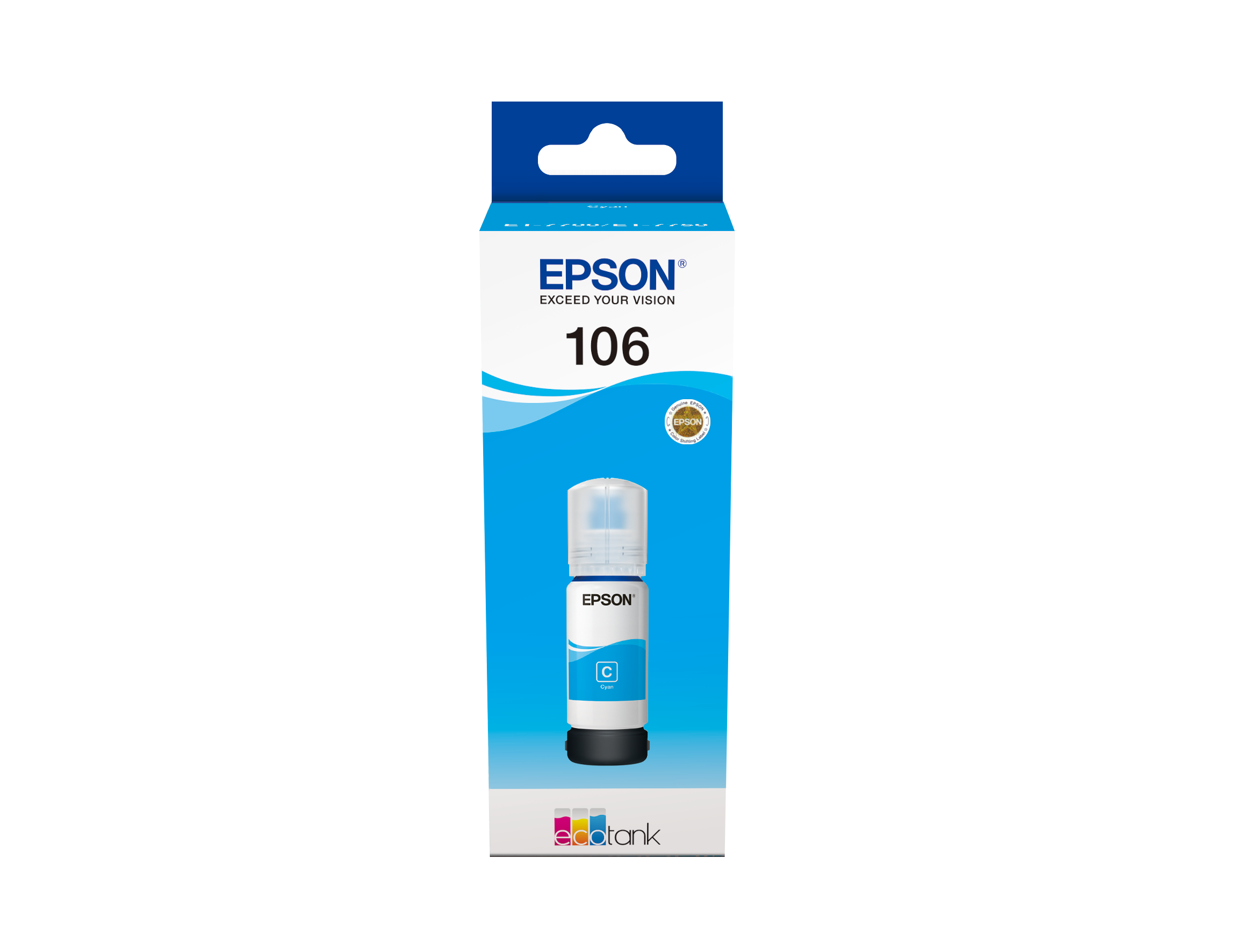 Epson 106 inktfles in een doos. De doos is wit, blauw en zwart. De fles is cyaan.