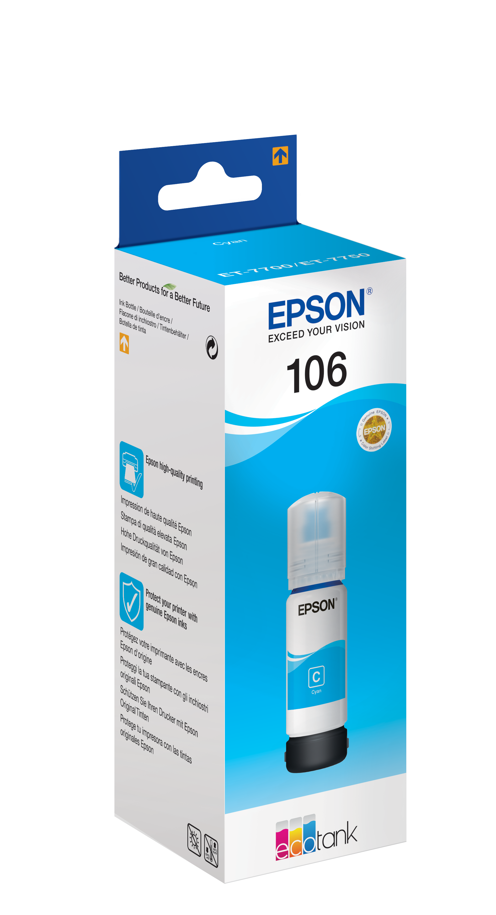 Epson 106 Cyaan inktcartridge doos. Witte doos met blauwe accenten en Cyaan inktcartridge op zwarte achtergrond.