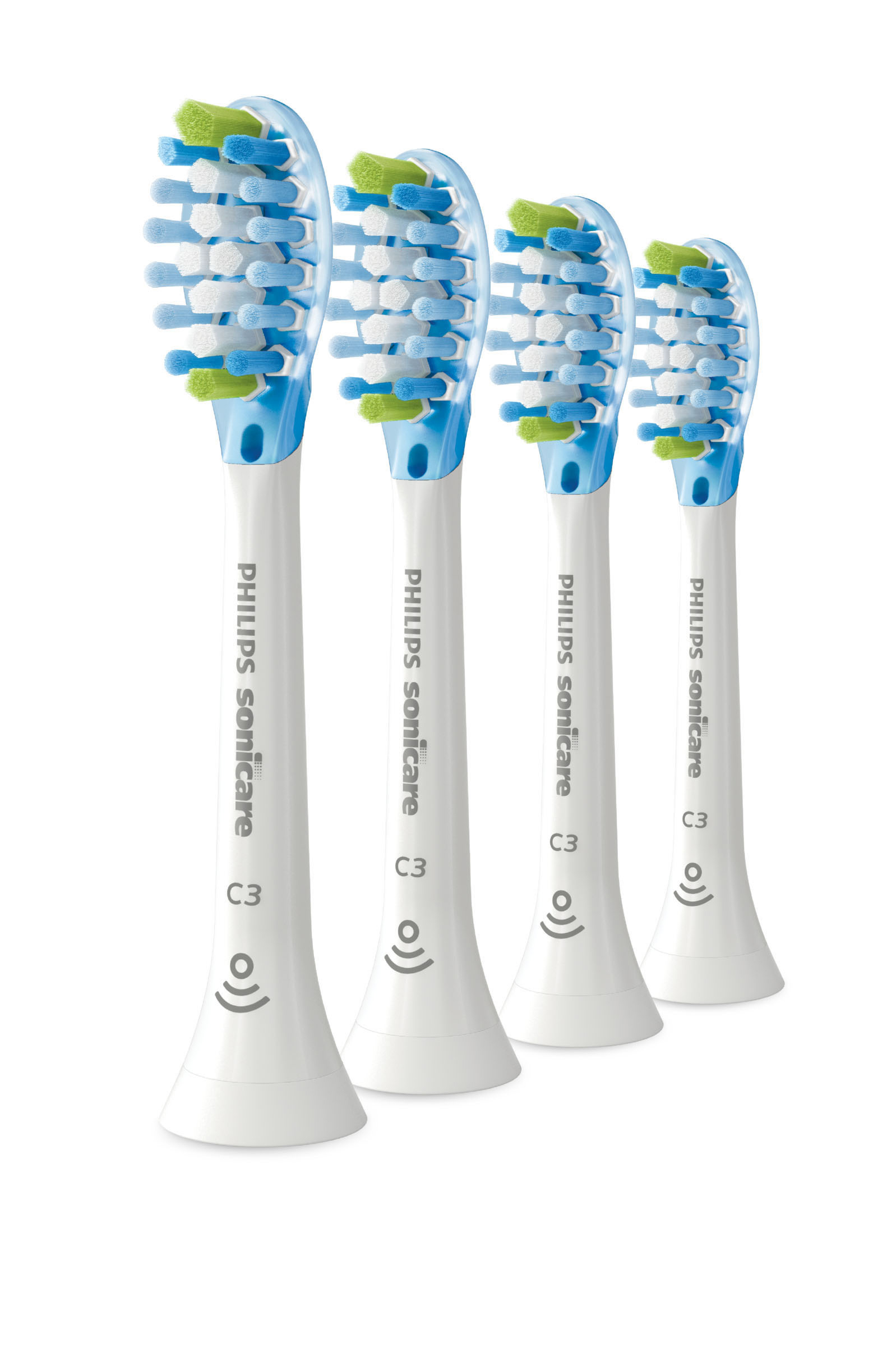 Vier Philips Sonicare Zahnbürstenköpfe in einer Reihe, mit blauen und grünen Borsten und weißen Griffen.