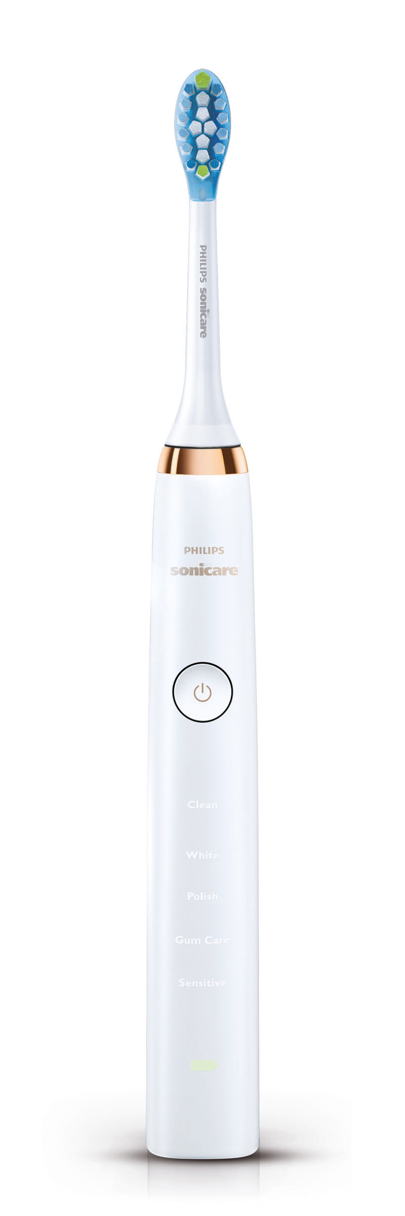 Weiße Philips Sonicare Zahnbürste mit goldenen Akzenten. Ein-/Ausschalter und Reinigungsmodus-Anzeigen am Griff.