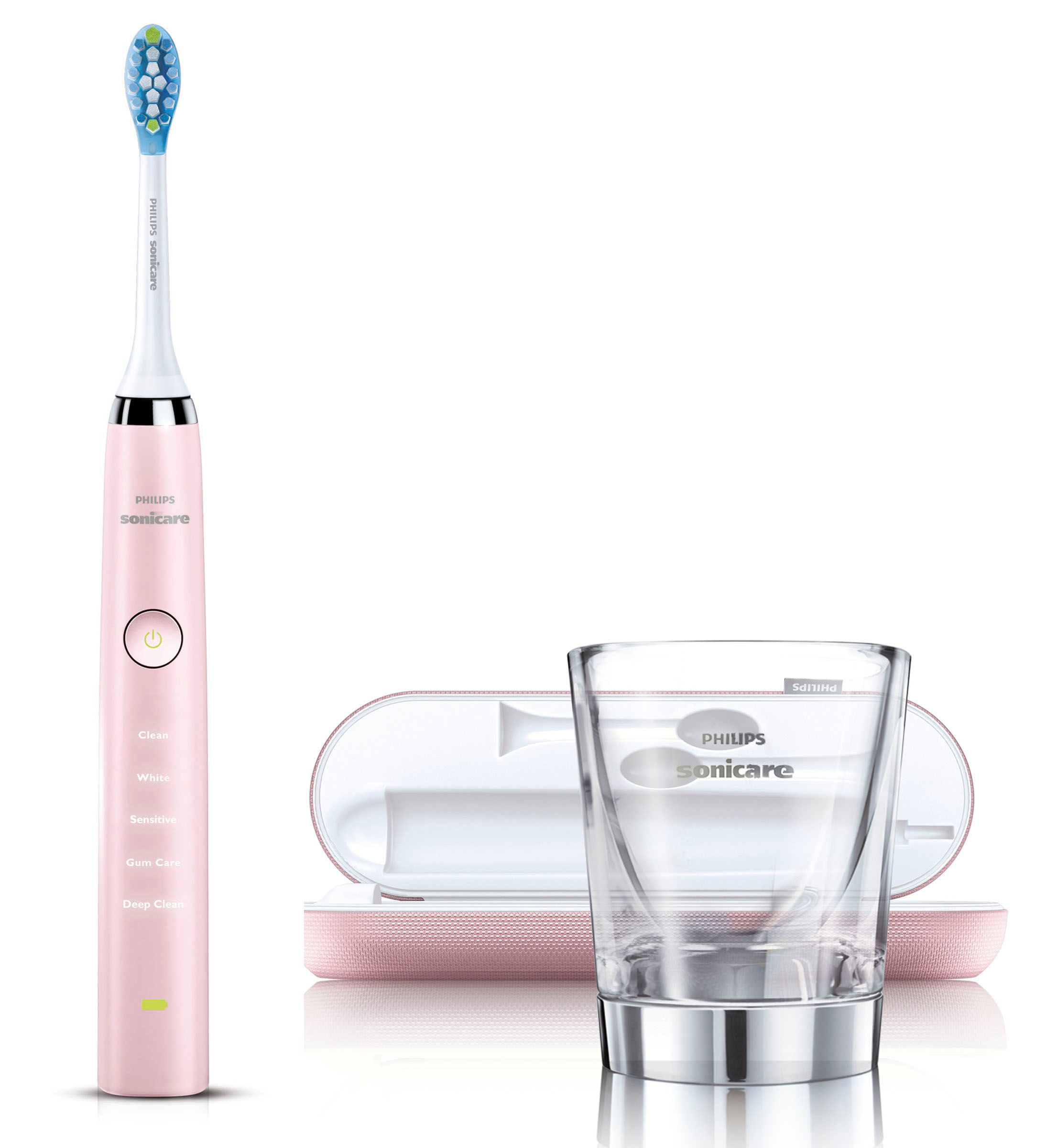 Rosa Philips Sonicare Zahnbürste, Glas, Etui und Ladestation.