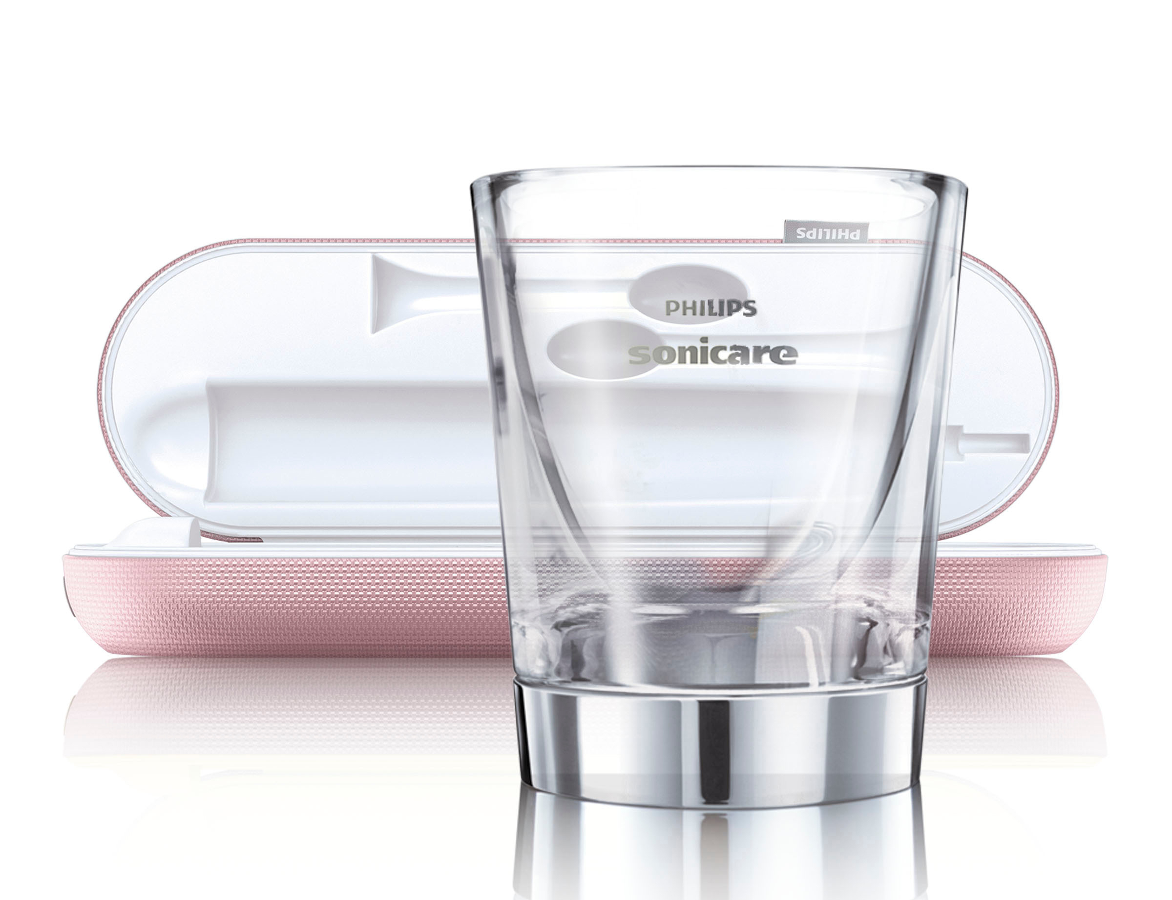 Philips Sonicare Zahnbürsten-Set, ein Glas, ein Etui und eine Zahnbürste. Rosa Etui.