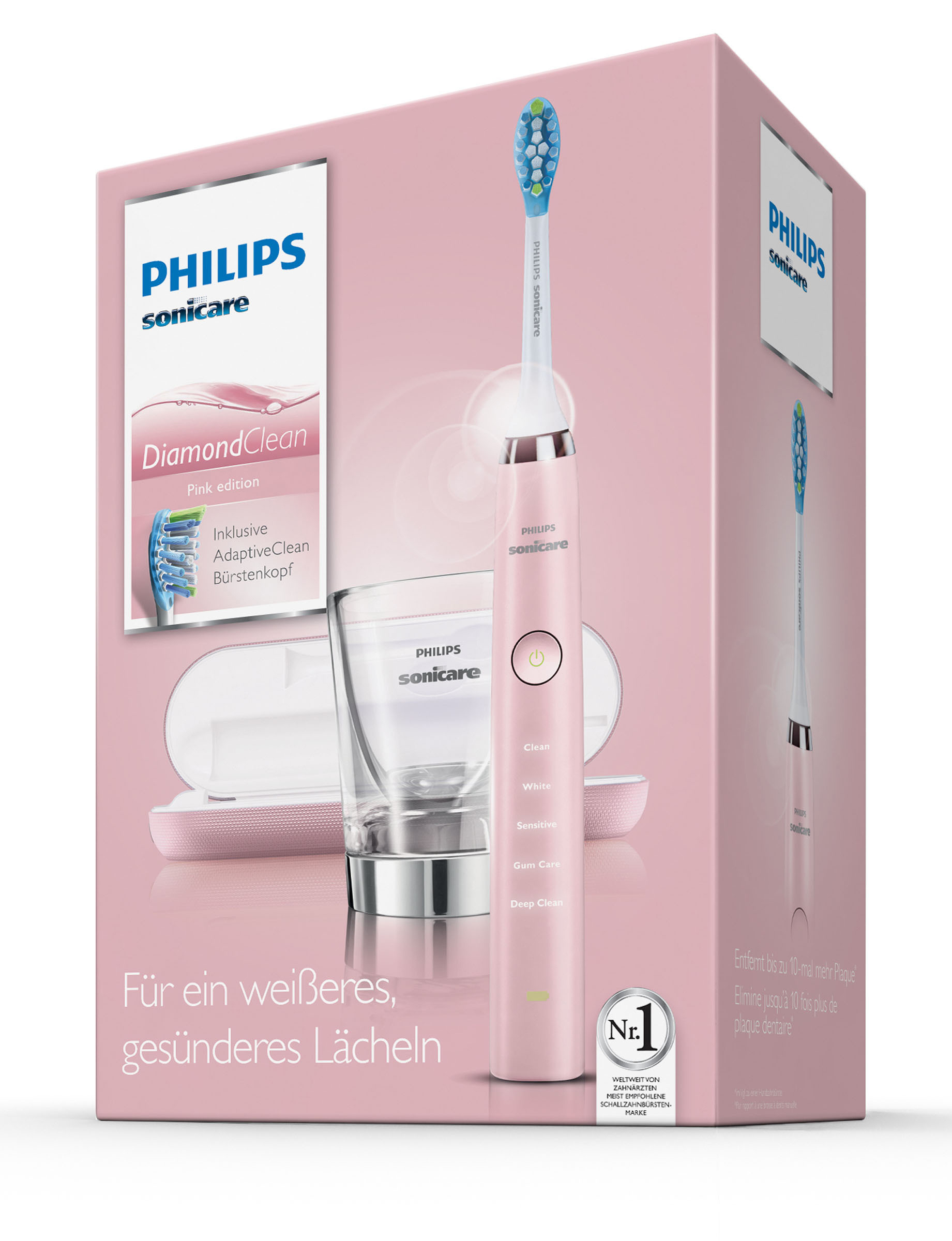Rosa elektrische Zahnbürstenbox, mit Zahnbürste, Ladegerät und Glas. Philips Sonicare DiamondClean.