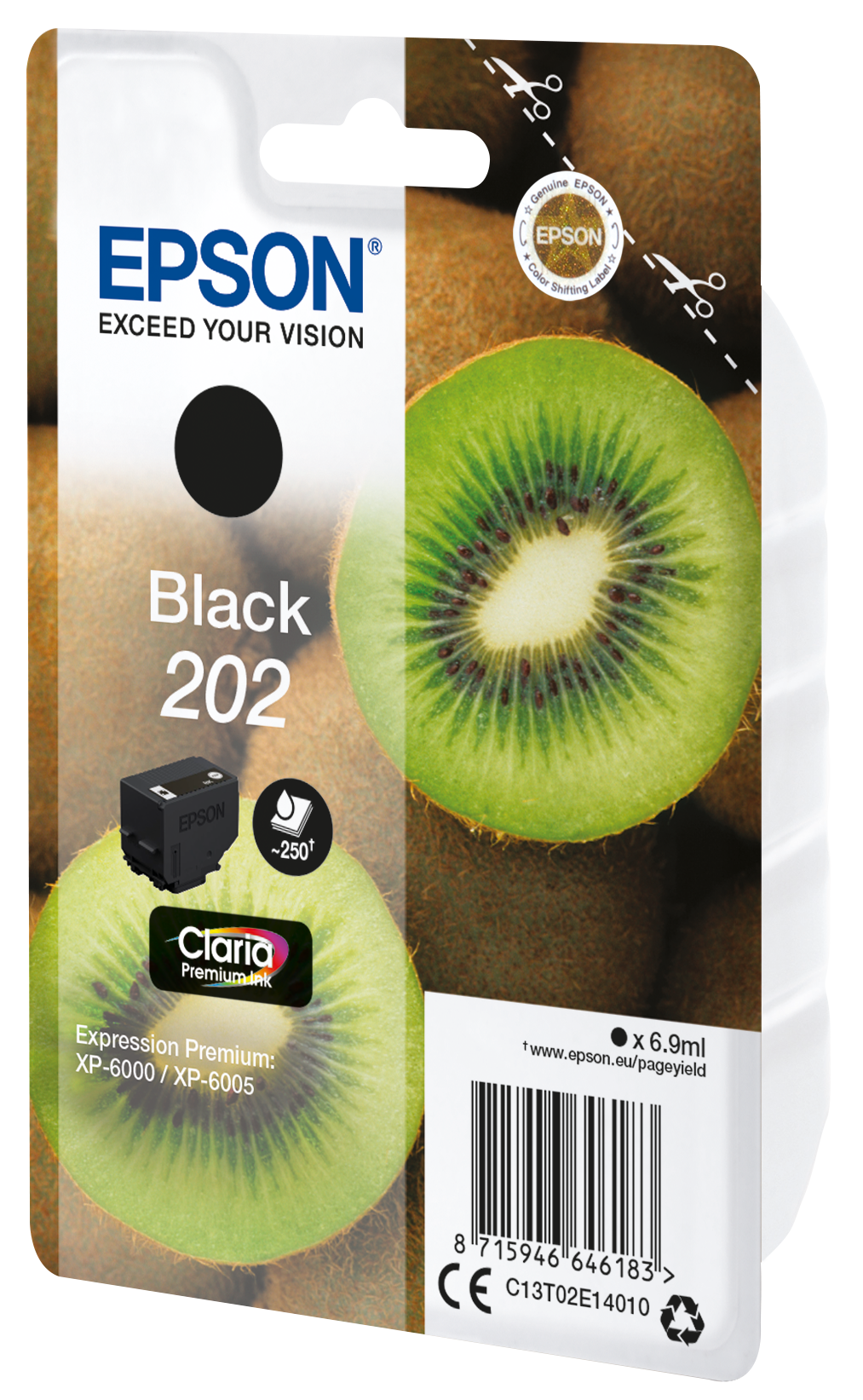 Epson ink cartridge package with black ink, kiwi, and product details.