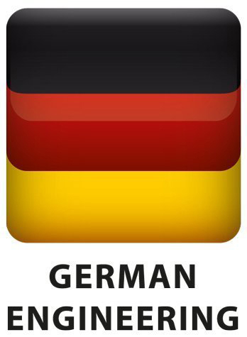 Deutsches Flaggen-Design mit den Worten „GERMAN ENGINEERING“ darunter, in einem schwarzen Kasten.