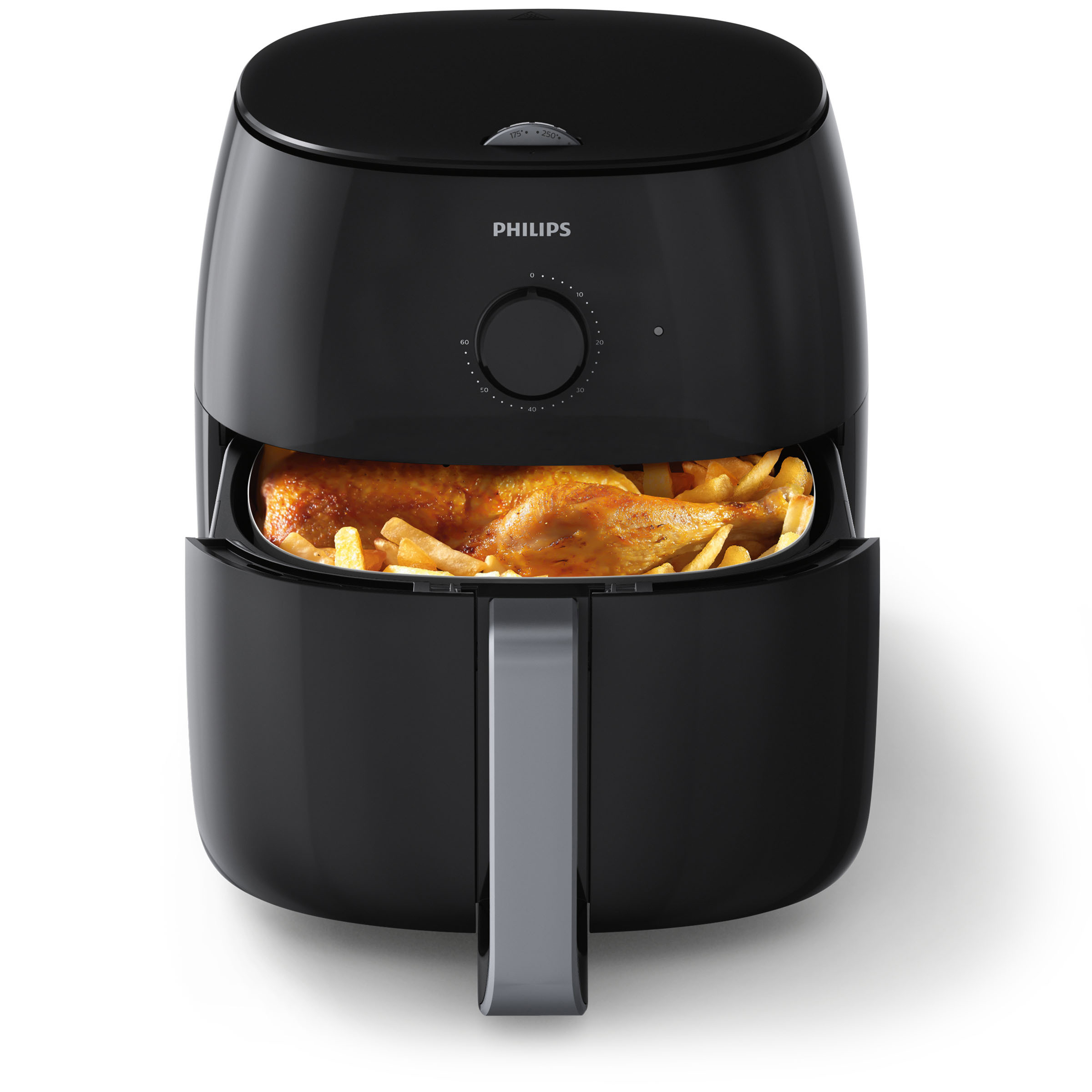 Eine schwarze Philips Heißluftfritteuse mit offenem Kochkorb, der Hähnchen und Pommes zeigt.