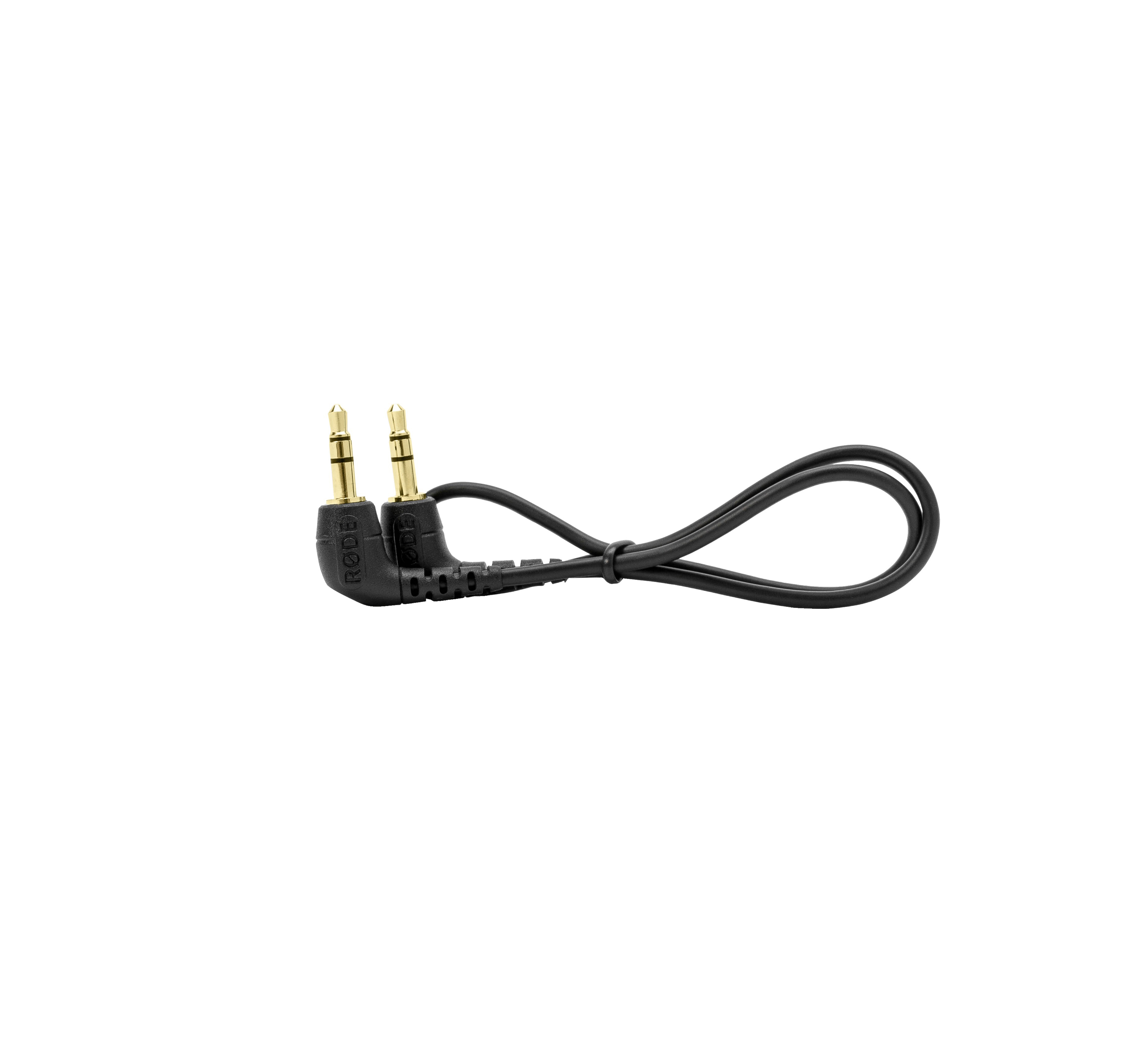 Ein schwarzes Kabel mit zwei abgewinkelten 3,5-mm-Klinkensteckern mit goldenen Spitzen.