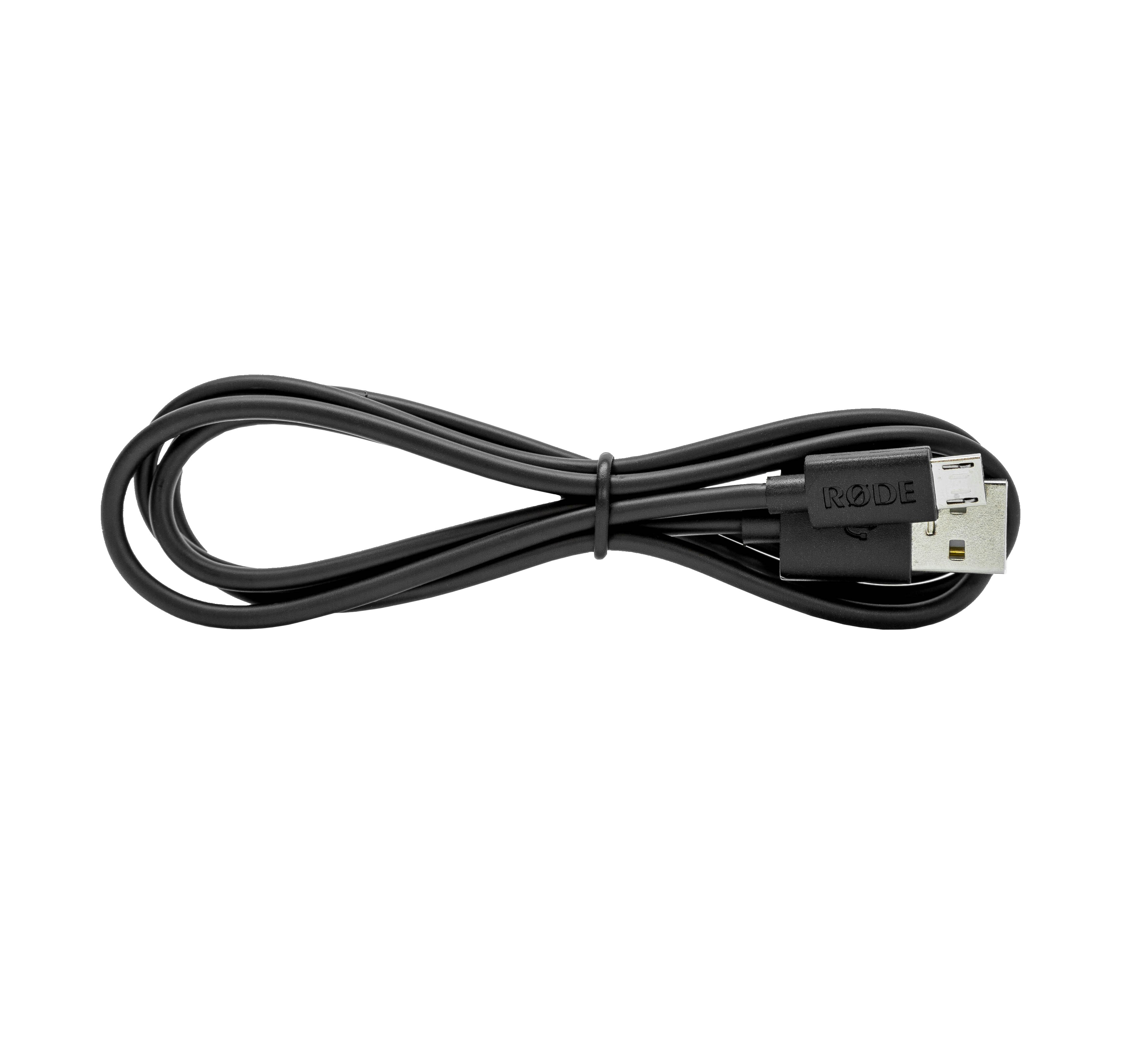 Ein schwarzes USB-Kabel mit RØDE-Logo und zwei Anschlüssen.