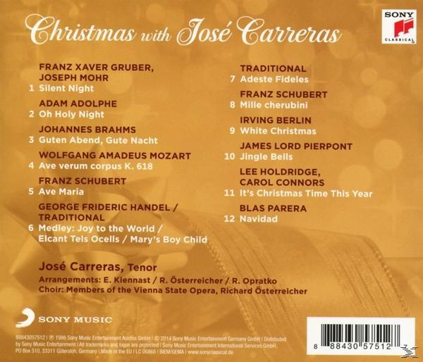 CD-Cover mit José Carreras, listet Songs wie Stille Nacht und Oh Holy Night.