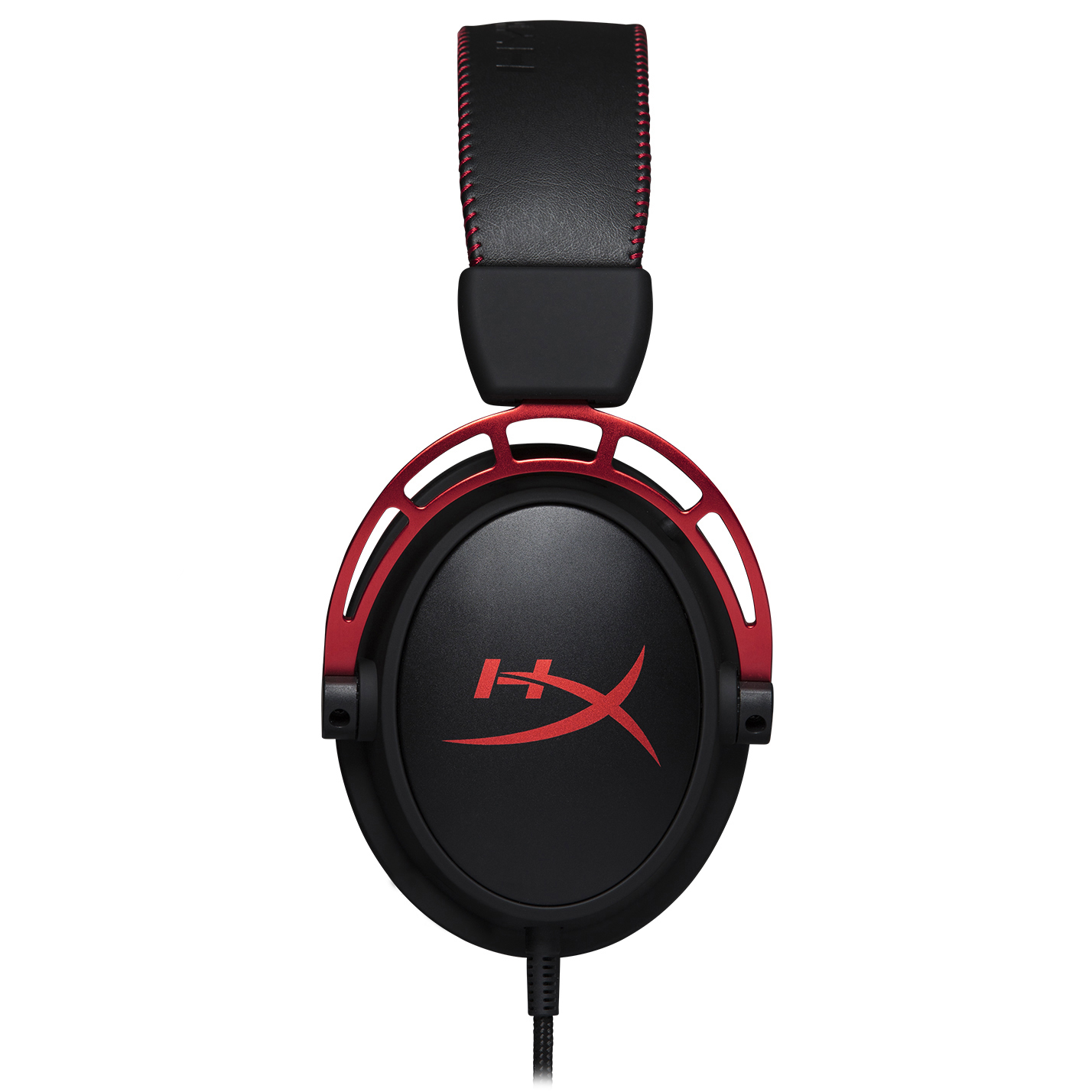 Schwarze und rote HyperX Gaming-Kopfhörer, Vorderansicht, vor weißem Hintergrund.