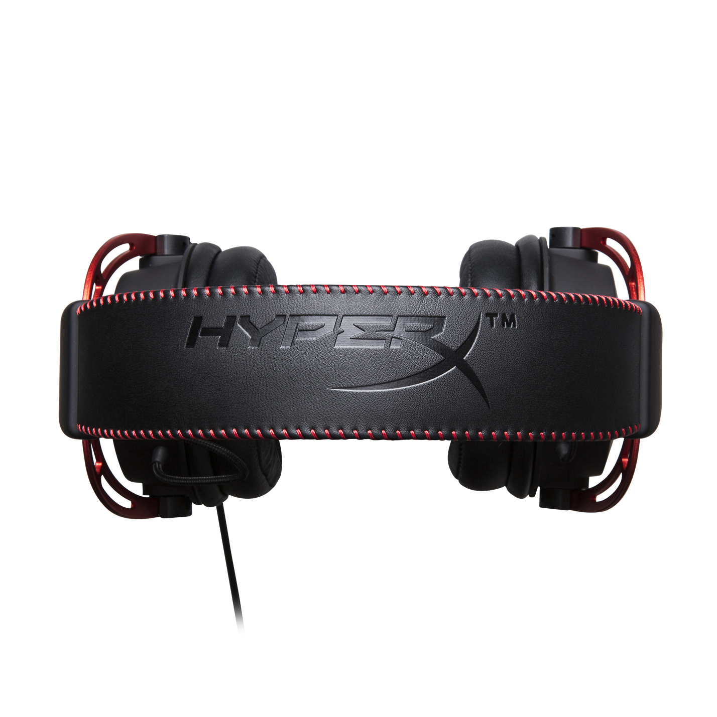 Schwarze HyperX-Kopfhörer mit roten Akzenten auf weißem Hintergrund. Das Logo ist sichtbar.