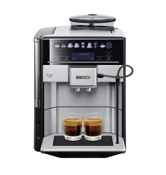 Silber-schwarze Siemens Espressomaschine. Zwei Gläser mit Kaffee auf der Vorderseite.
