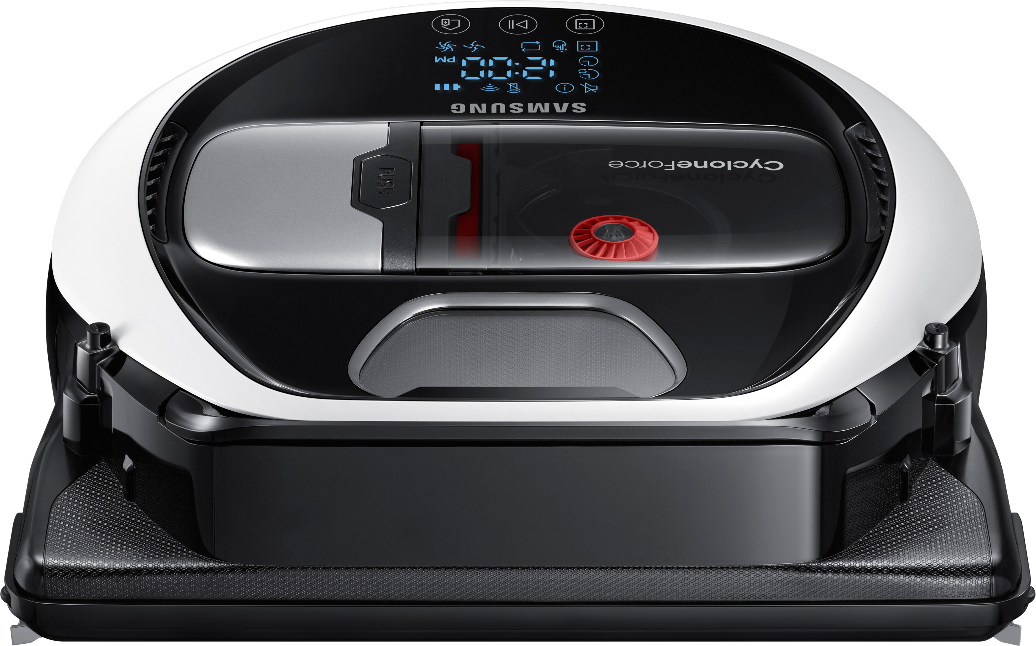 Ein schwarz-weißer Samsung Cyclone Force Saugroboter auf einer weißen Oberfläche.