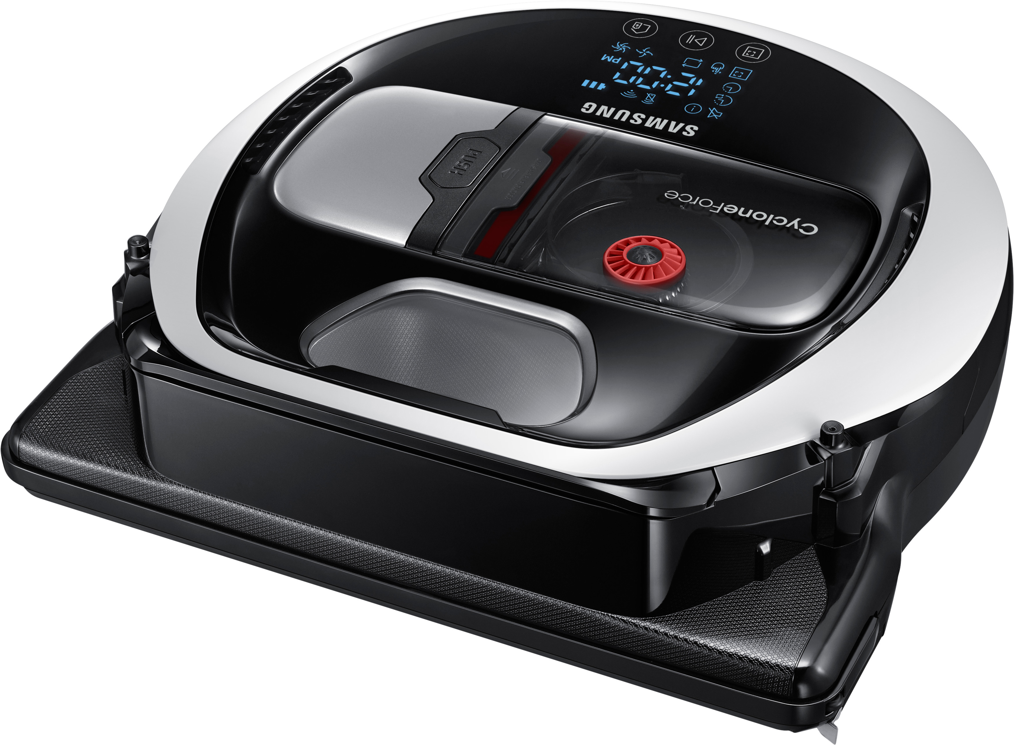 Ein schwarz-weißer Roboter-Staubsauger. Es hat einen Bildschirm und einen roten Knopf oben.