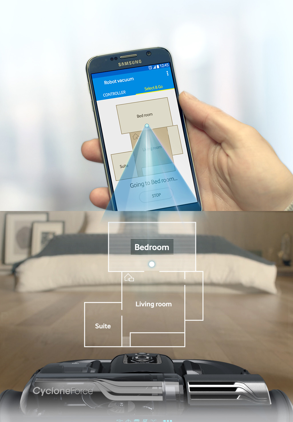 Ein Smartphone zeigt eine Hauskarte. Ein Roboter-Staubsauger steht unter dem Telefon auf dem Boden.