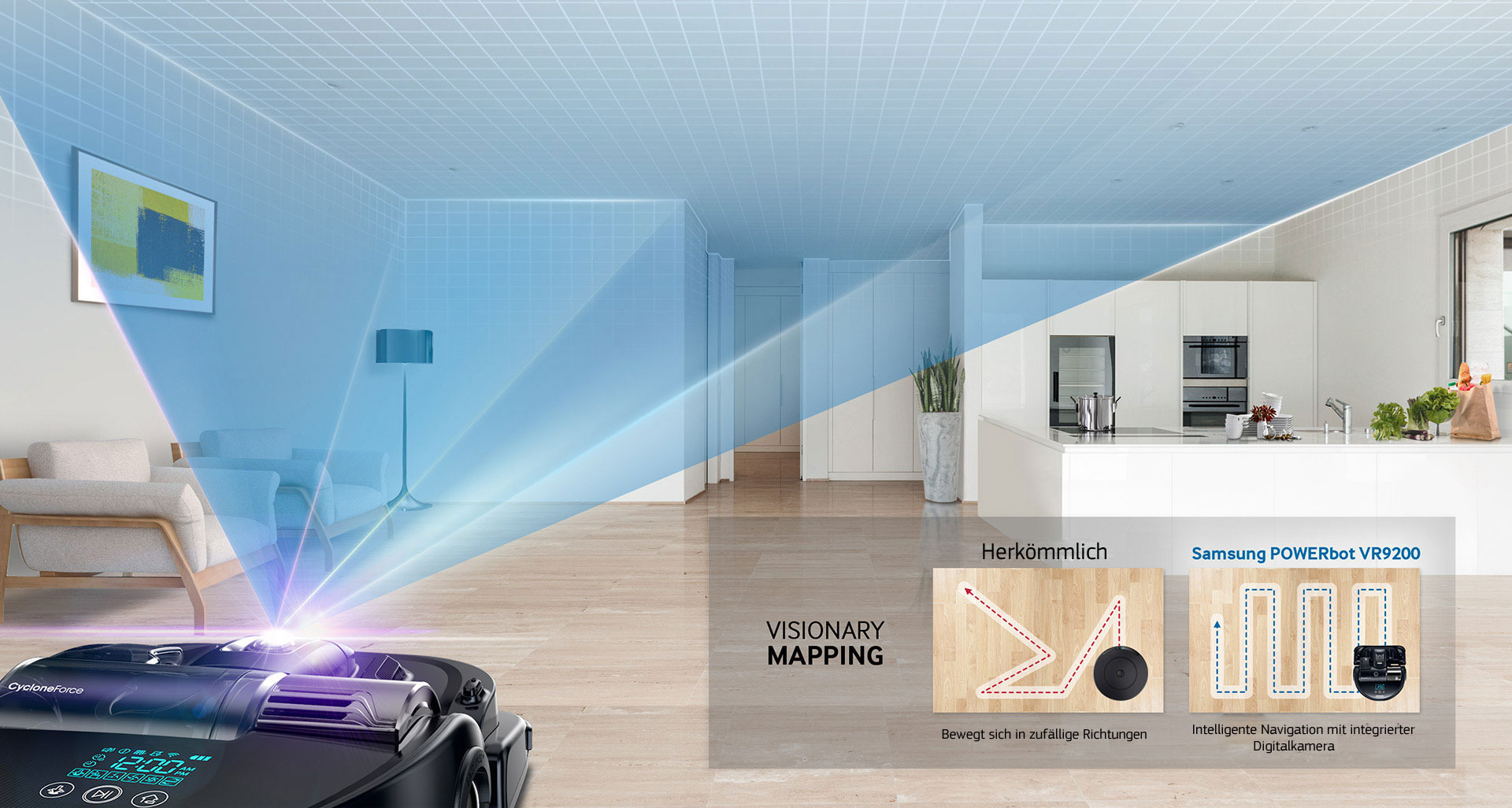 Roboter-Staubsauger kartiert einen Raum mit blauem Gitter-Overlay.