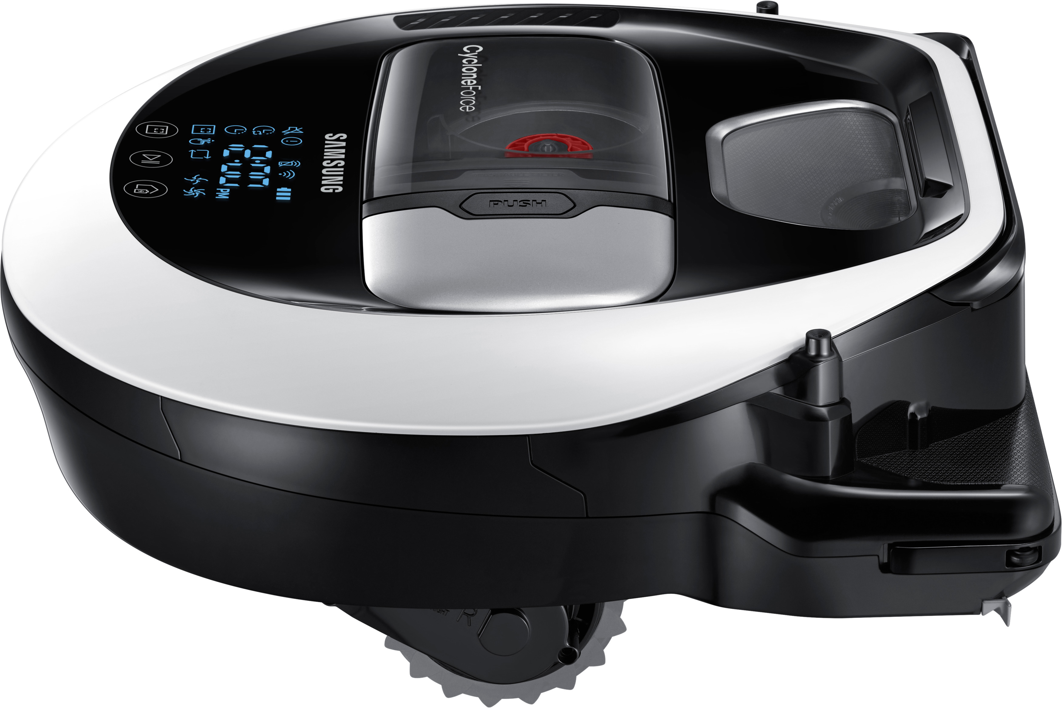 Schwarz-weißer Roboter-Staubsauger. Er hat ein Touch-Display und einen schwarzen Deckel.