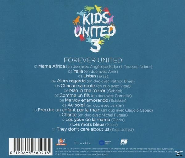 Ein CD-Cover für Kids United 3, mit dem Logo der Gruppe und der Titelliste.