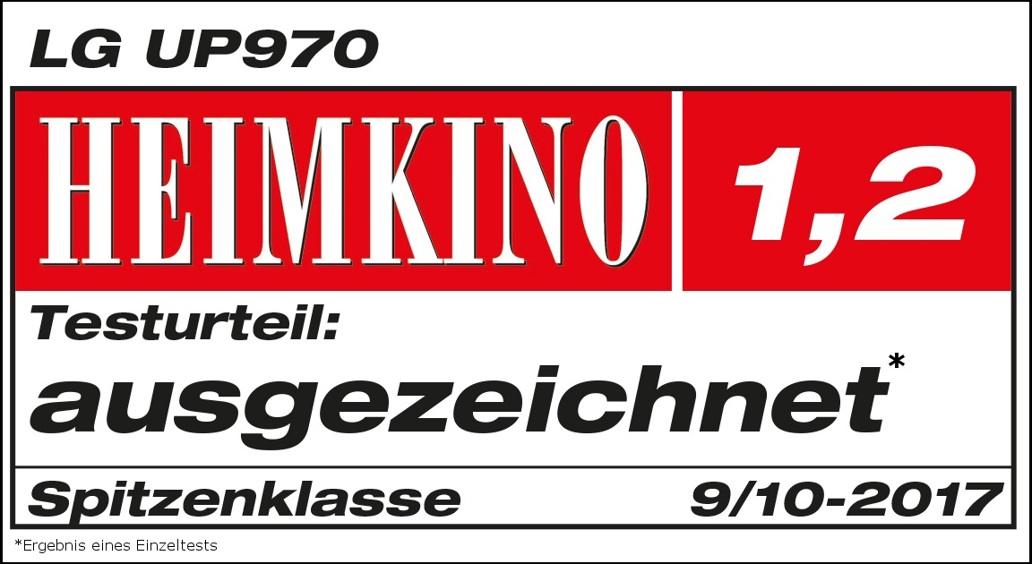 Rotes und weißes Etikett mit LG UP970 und einer Bewertung von 1,2, mit dem Wort ausgezeichnet.