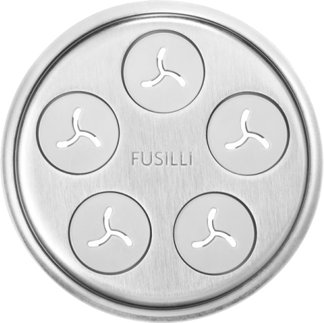 Rozsdamentes acél tésztakészítő toldalék öt lyukkal, 'Fusilli' felirattal.