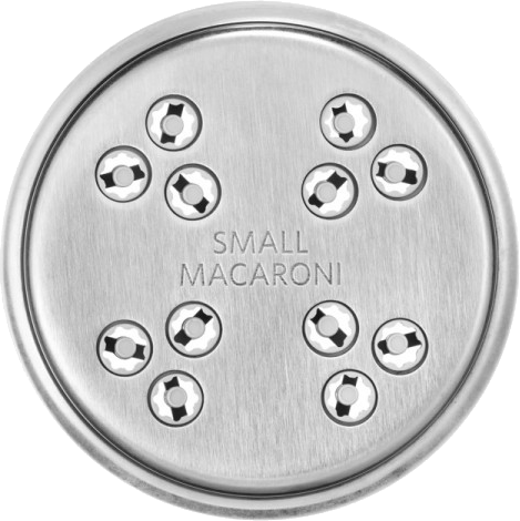 Kerek fém tésztakészítő toldalék lyukakkal, "SMALL MACARONI" felirattal.