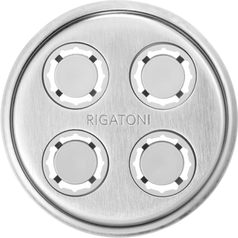Fém rigatoni tésztasablon. Kör alakú, négy lyukkal, mindegyik tészta formájú.