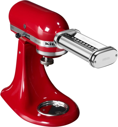 Piros KitchenAid robotgép tészta készítővel. A gép fehér felületen áll.