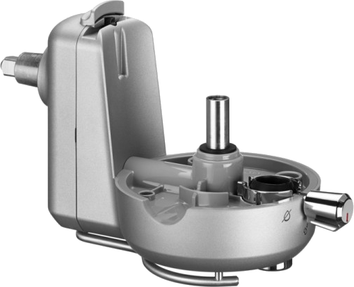 KitchenAid élelmiszer-feldolgozó toldalék. Ezüst és szürke. Kar és nyílás látható.