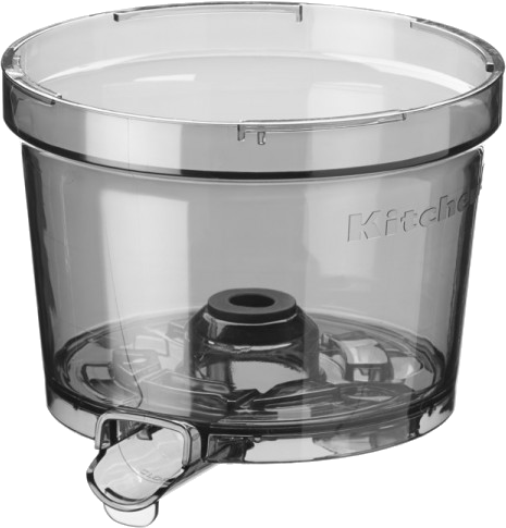 Átlátszó tál lekerekített aljjal és kifolyóval. KitchenAid felirat.
