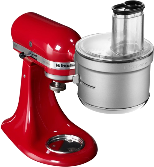 Piros KitchenAid mixer, élelmiszer-feldolgozó feltéttel.