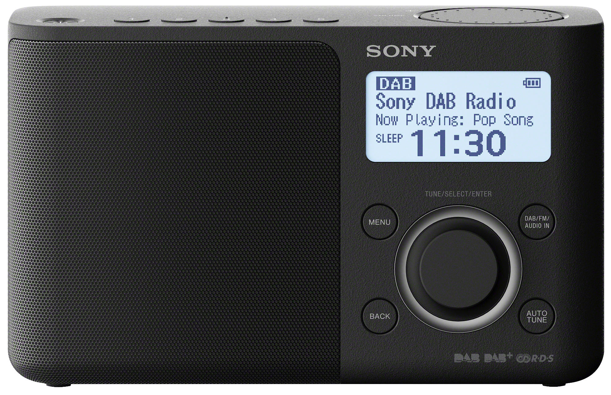 Zwarte Sony DAB-radio met display met zenderinfo, tijd en menuknoppen.