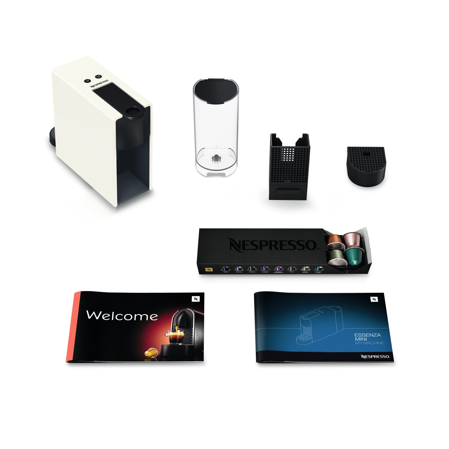 Nespresso Essenza Mini kahve makinesi bileşenleri. Beyaz makine, su tankı, kullanılmış kapsül kabı, kapsül kutusu ve kılavuzlar.