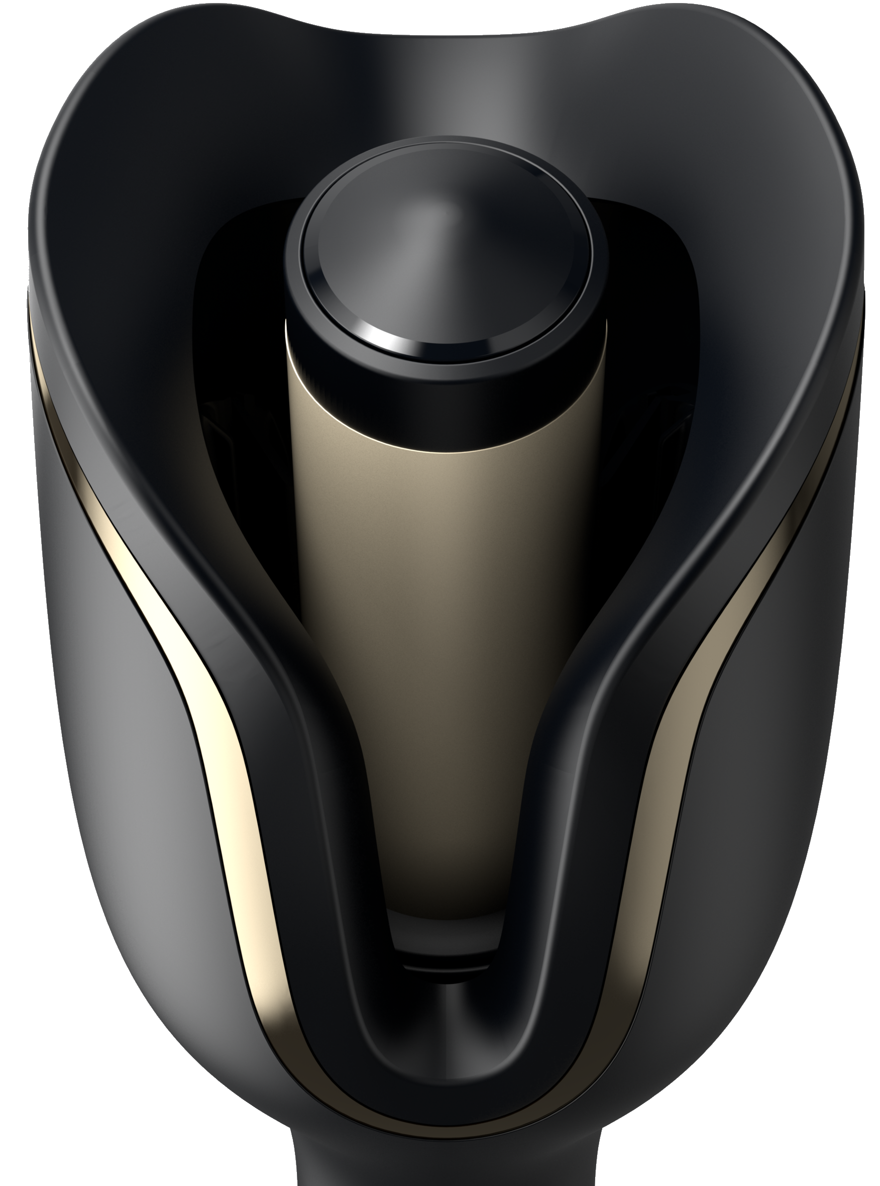 Black hair curler. Black and gold design with a cream-colored inside. Dark background.