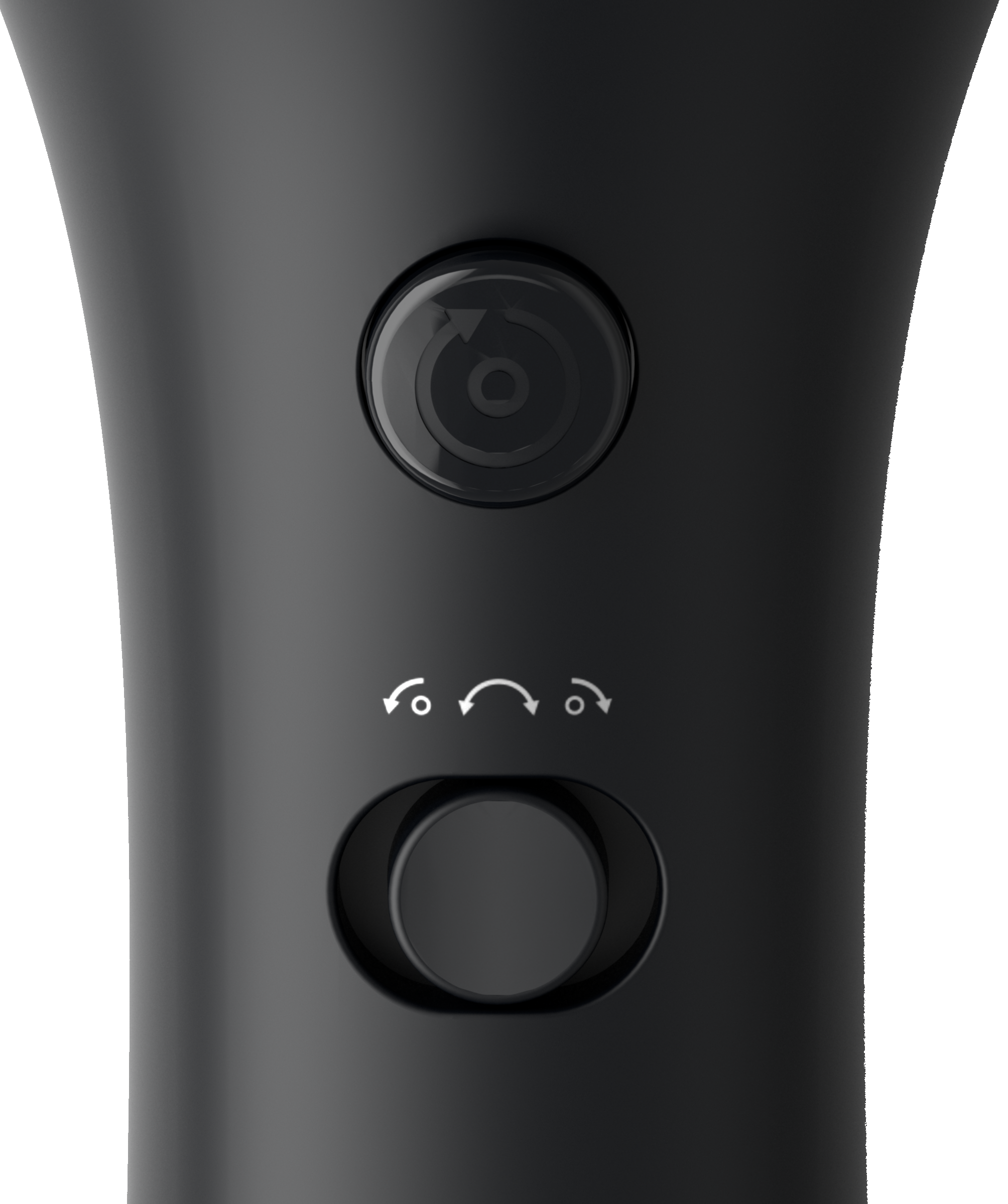 Close up of a black hair styling device, showing buttons and directional arrows.