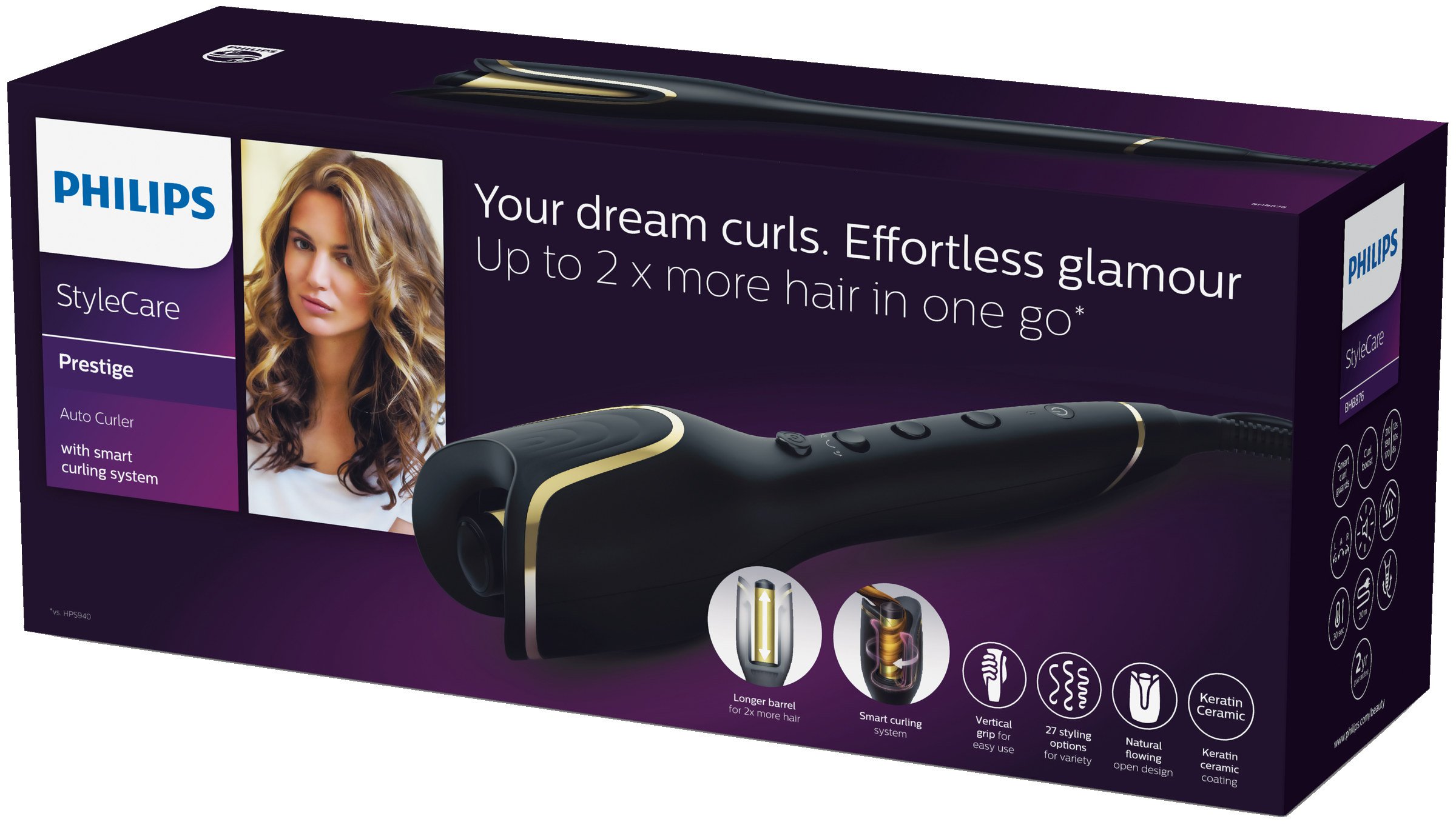 Philips hair curler box. Black curler in a box. Woman with curly hair on the box.