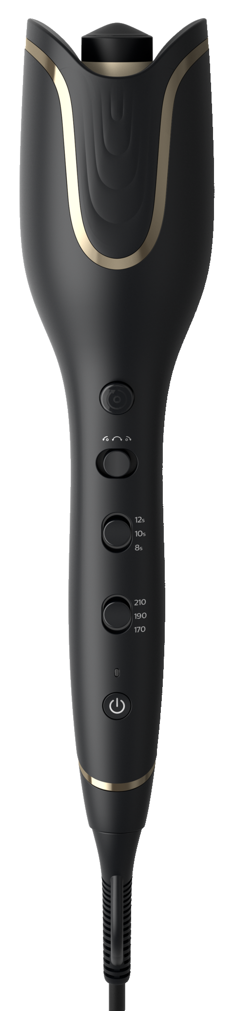 Black hair curler with gold accents. Buttons and a black cord are visible.