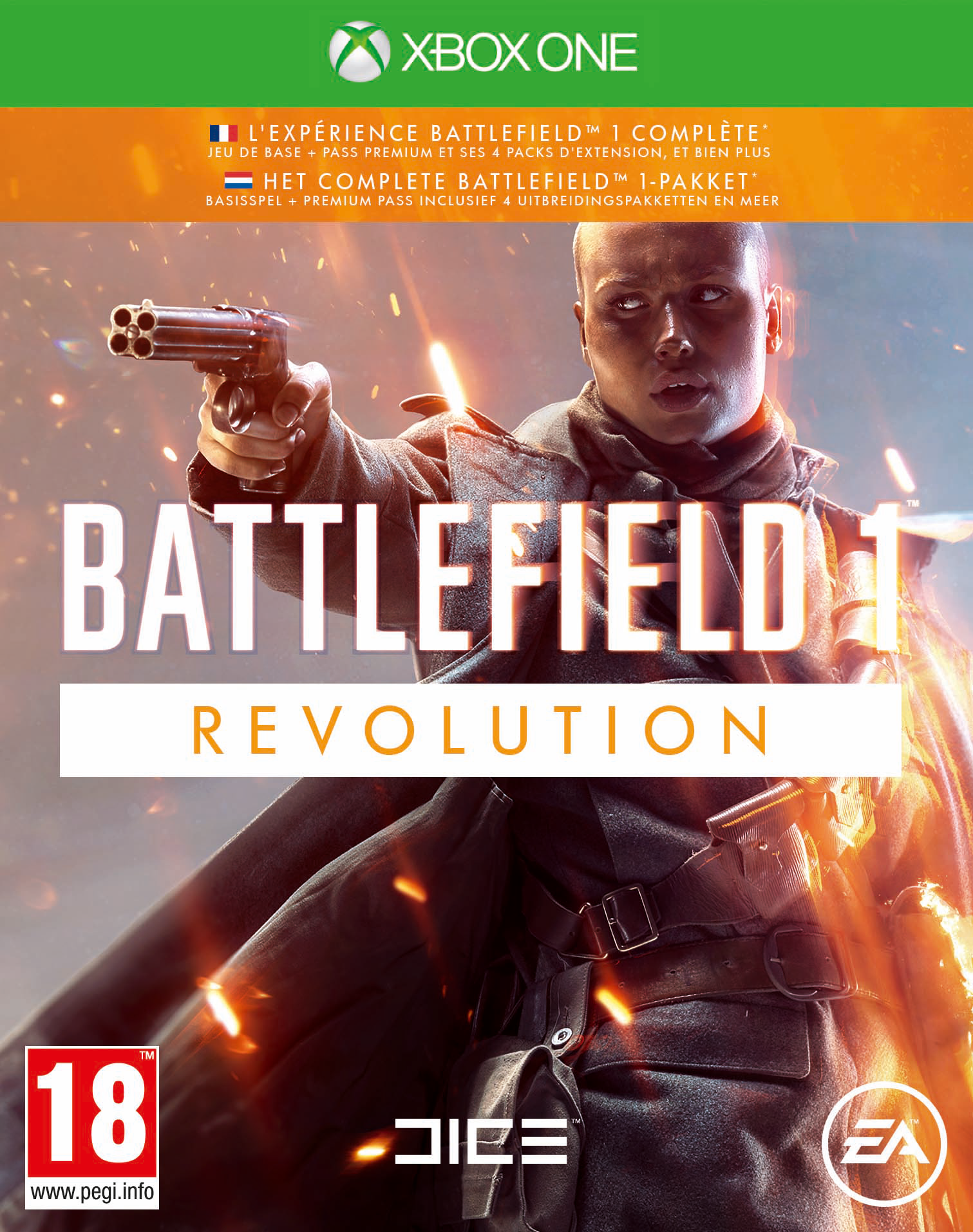 Battlefield 1 Revolution game cover met een vrouw die een geweer vasthoudt, op een witte achtergrond.