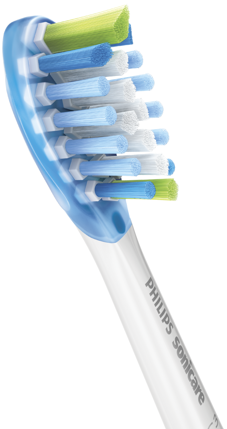 Close-up of a toothbrush head. It has blue, white, and green bristles. The brand name is Philips Sonicare.