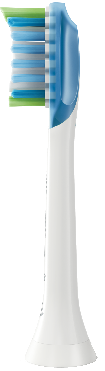 Close-up of an electric toothbrush head. It has blue, green, and white bristles, and a white handle.