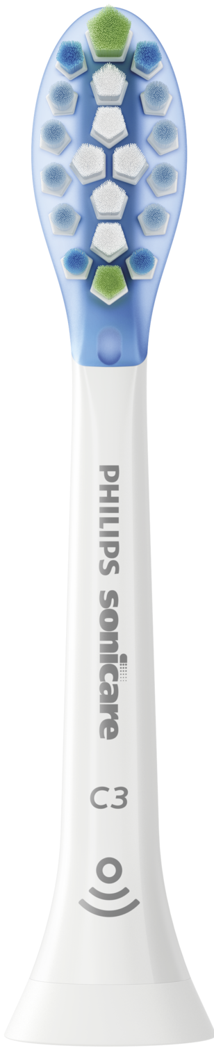 Close-up of a white Philips Sonicare toothbrush head.