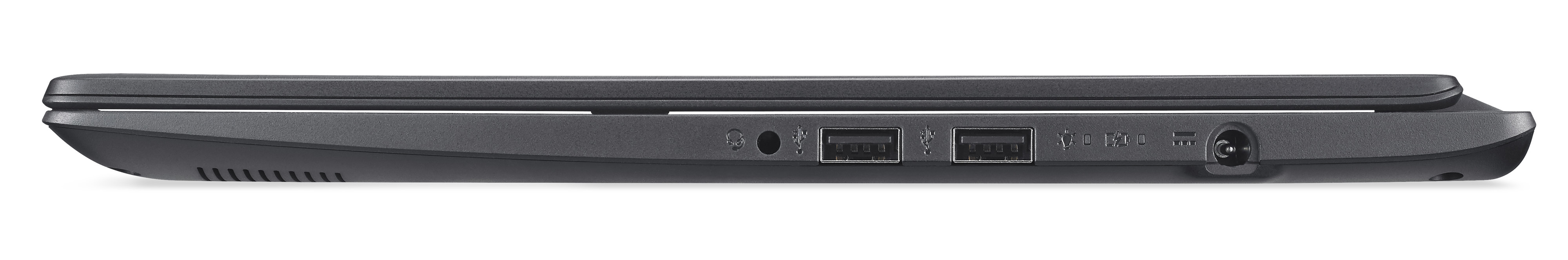 Seitenansicht eines dunkelgrauen Laptops mit Anschlüssen: Audio, USB, USB, Ethernet und Stromanschluss.