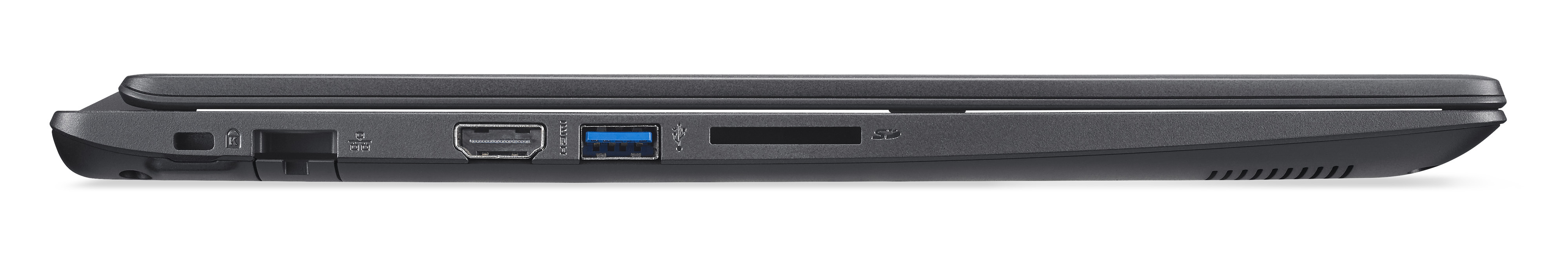 Seitenansicht eines geschlossenen schwarzen Laptops mit Anschlüssen auf der linken Seite.