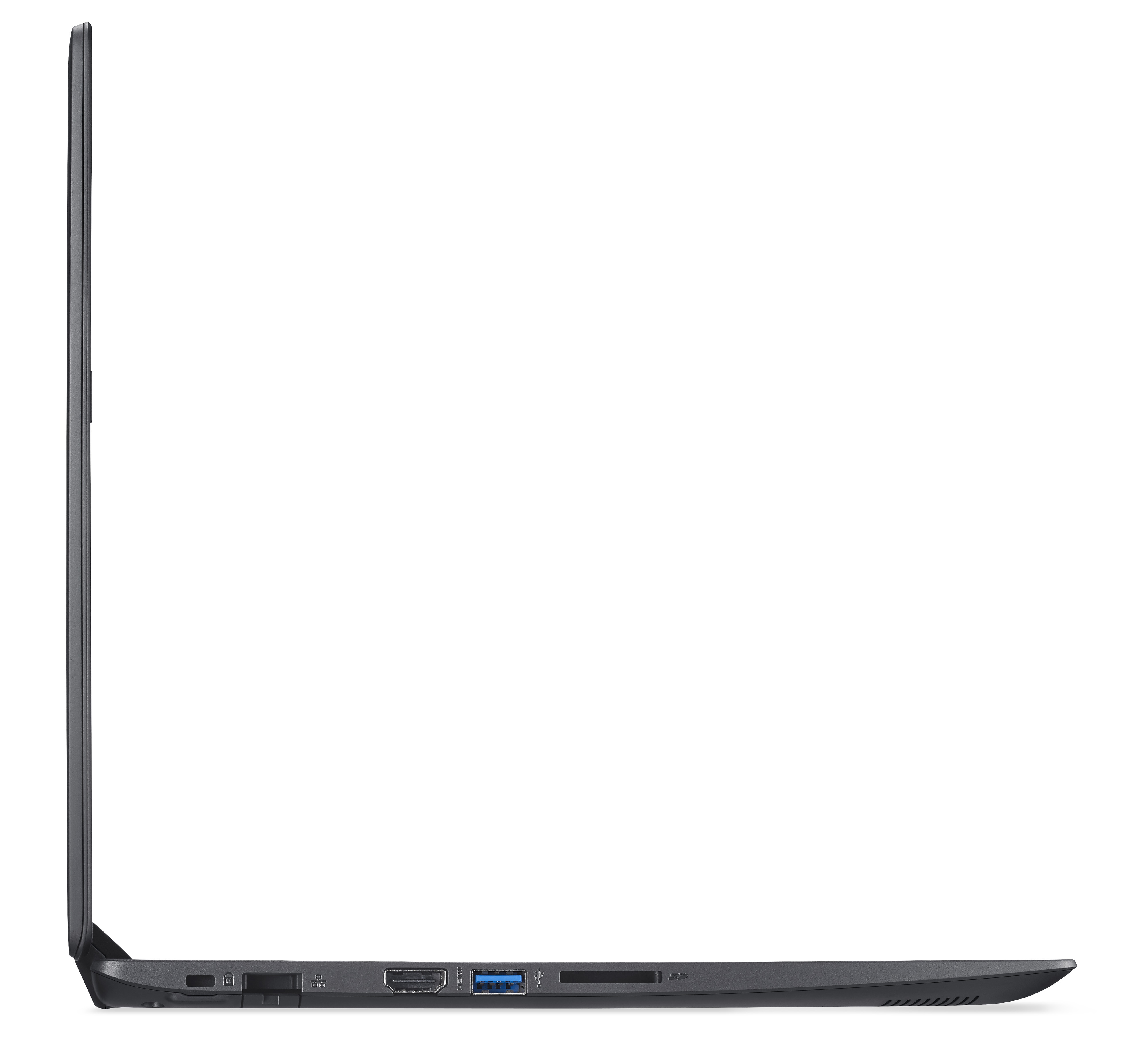 Seitenansicht eines geschlossenen dunklen Laptops mit sichtbaren Anschlüssen. Weißer Hintergrund.