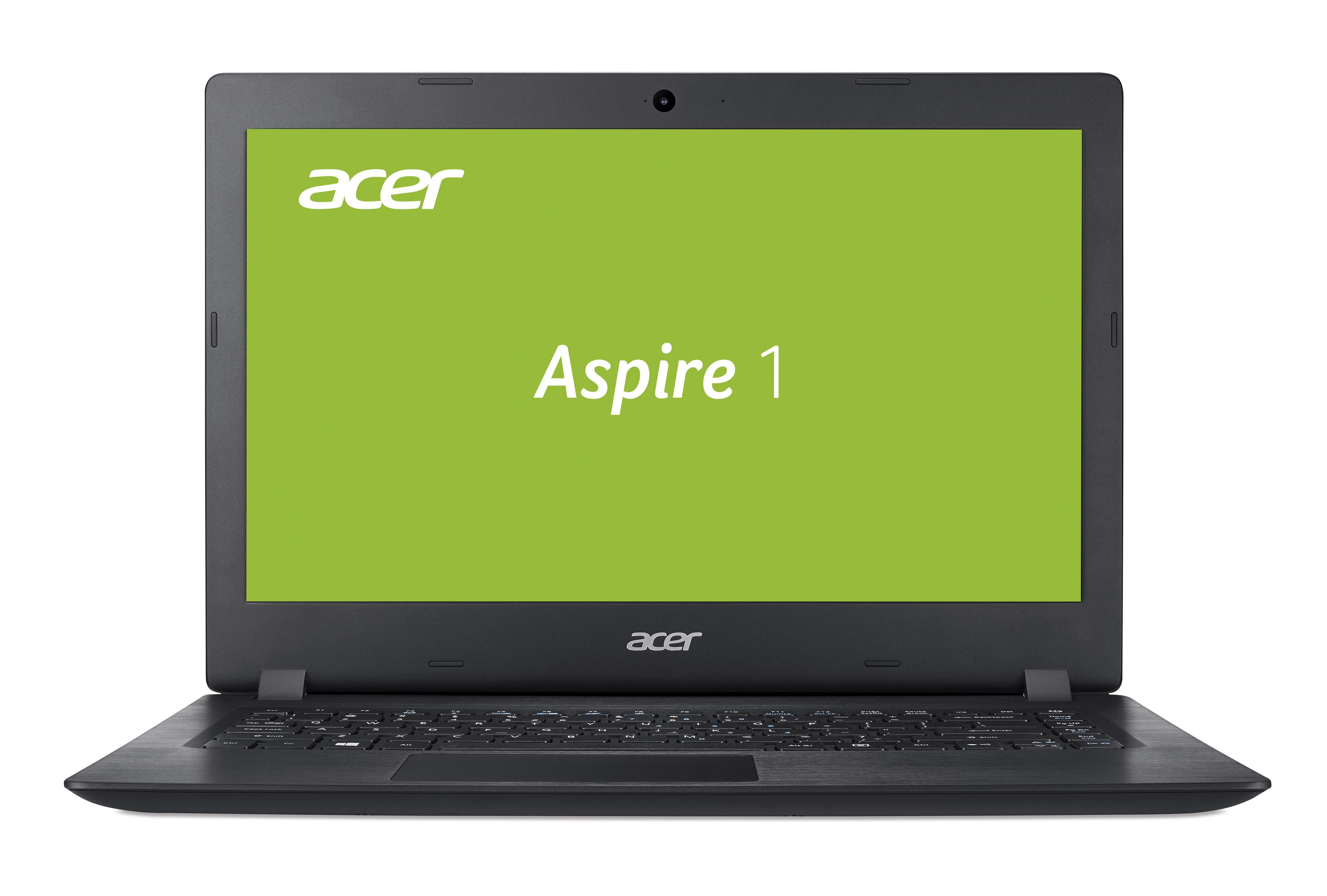 Schwarzer Acer Aspire 1 Laptop mit grünem Bildschirm, der 'Aspire 1' anzeigt.