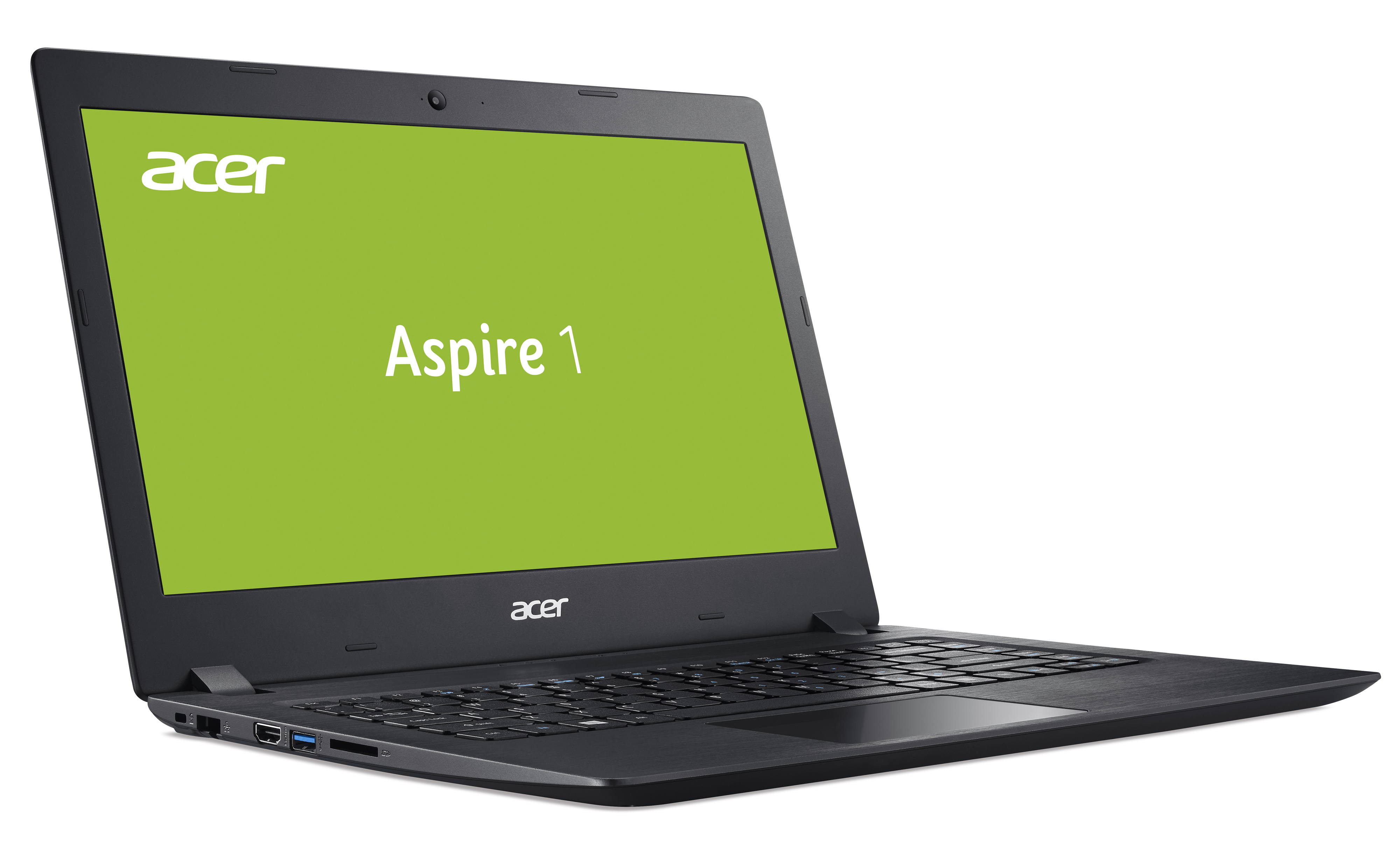 Schwarzer Acer-Laptop mit einem grünen Bildschirm, auf dem Aspire 1 steht. Der Laptop steht auf weißem Hintergrund.