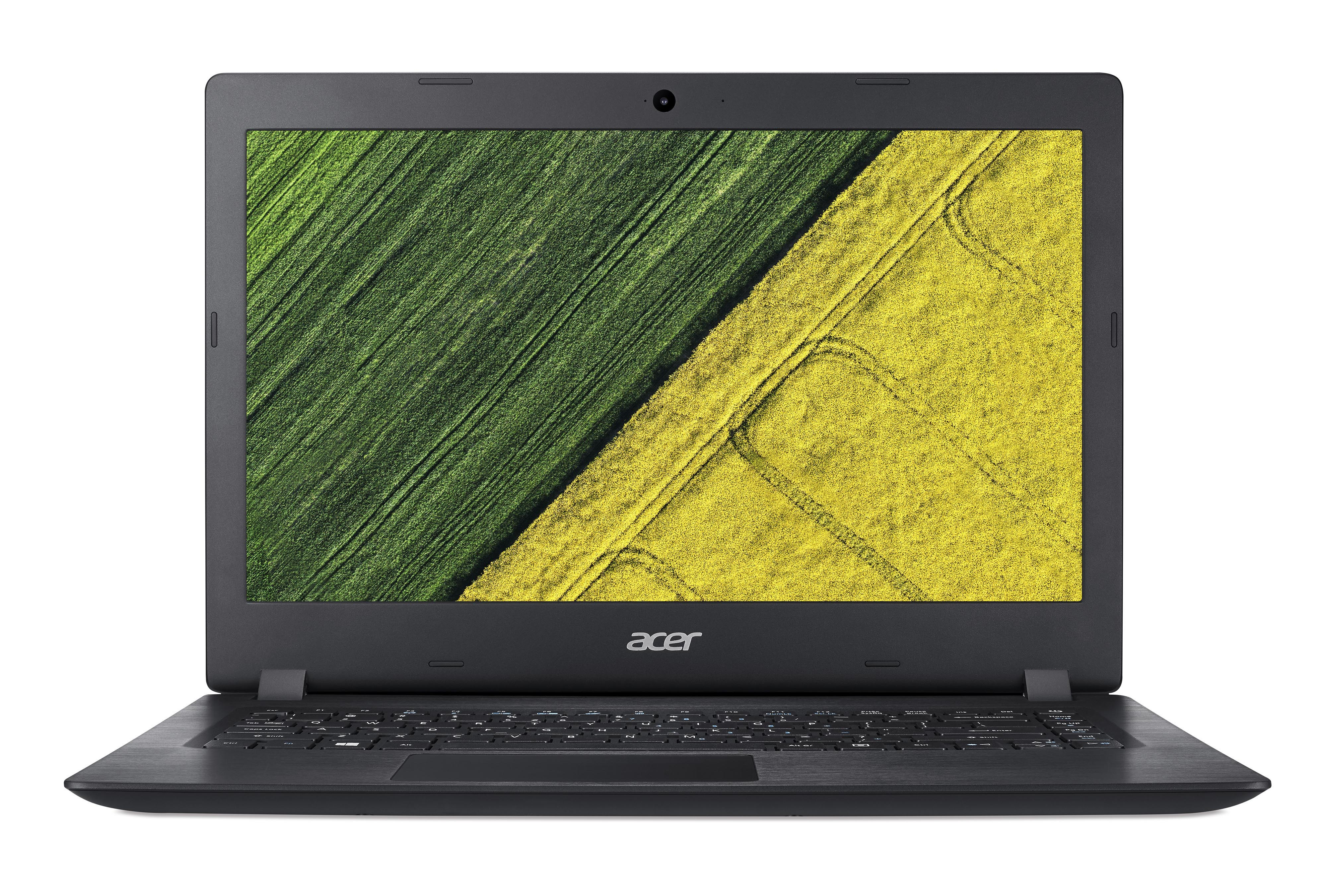 Schwarzer Acer-Laptop, geöffnet auf weißem Hintergrund, zeigt ein Feld aus Grün und Gelb.