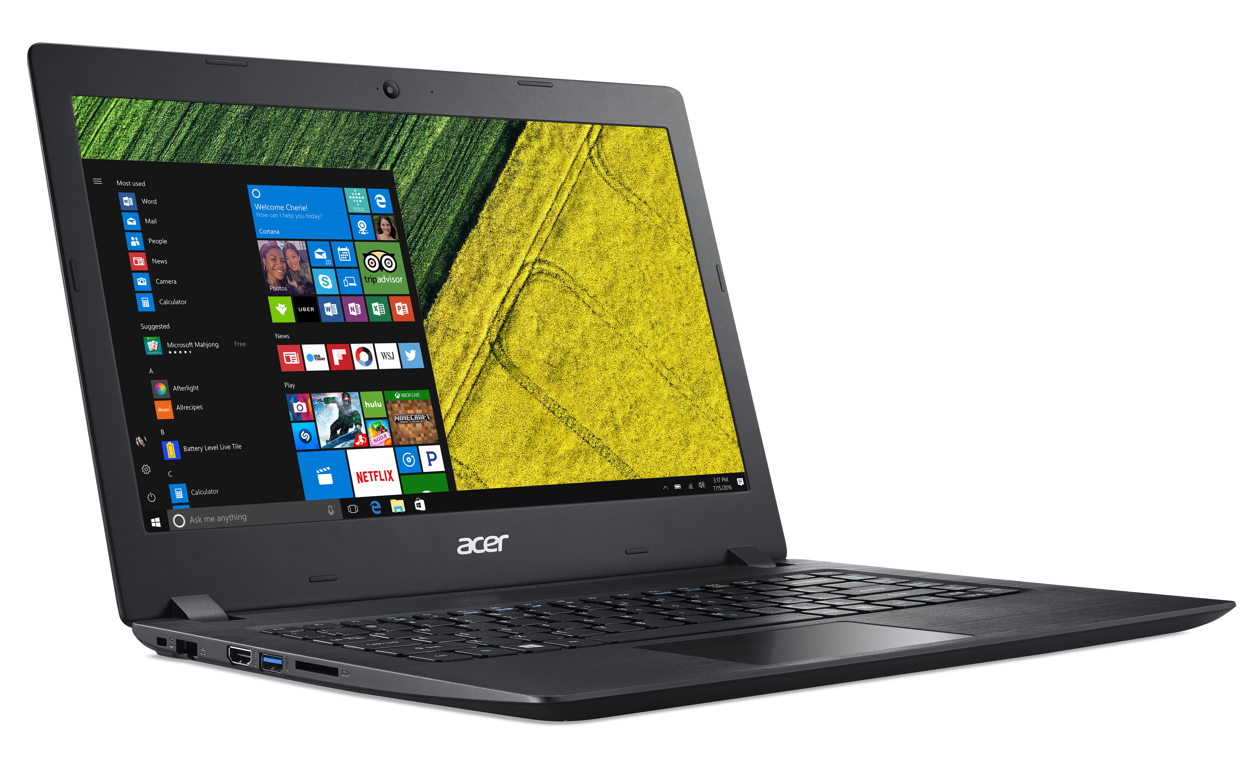 Ein schwarzer Laptop auf weißem Hintergrund. Der Bildschirm zeigt den Windows-Desktop mit verschiedenen App-Symbolen.